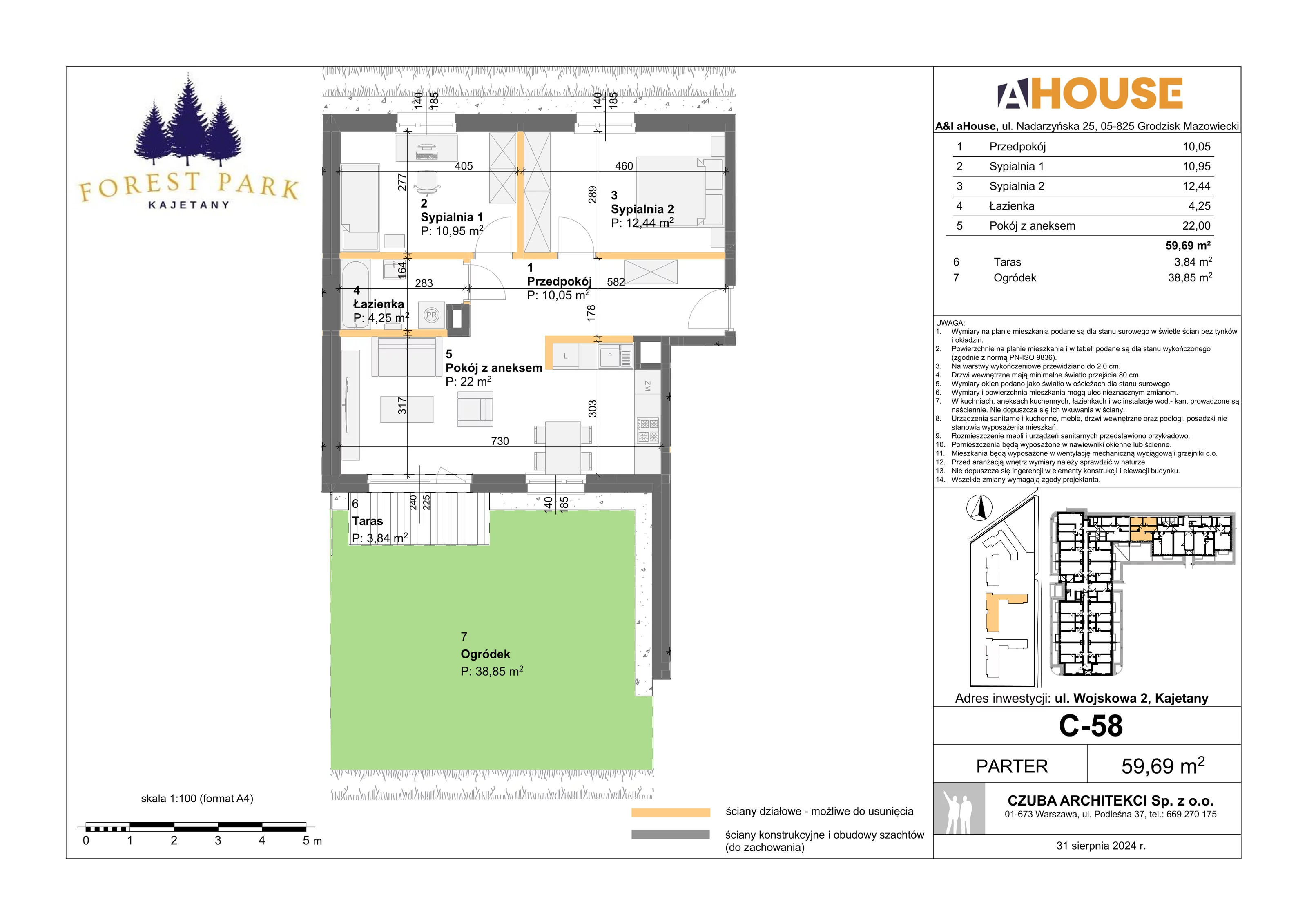 2 pokoje, mieszkanie 59,69 m², parter, oferta nr C-58, Forest Park Kajetany, Kajetany, ul. Wojskowa 2